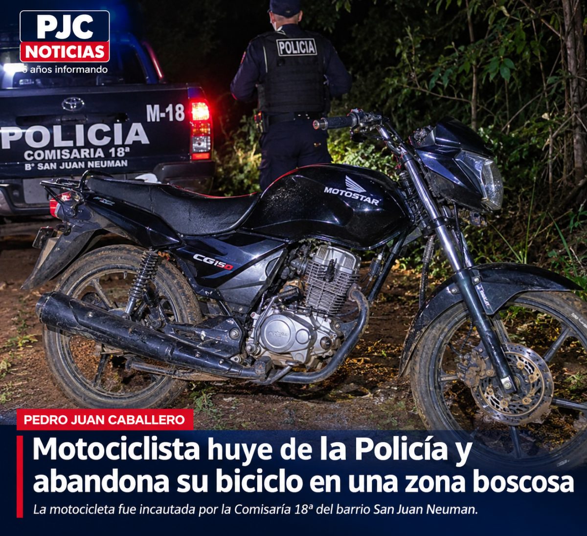 Persecución nocturna en Romero Cué termina con un biciclo incautado